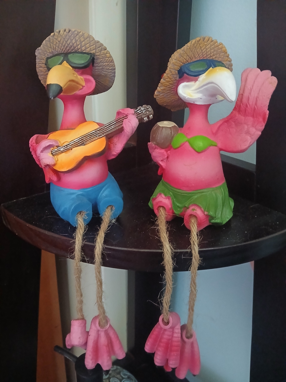 Pink Tropical Flamingo Pair Figurines - Fun Duo Guitar And Coconut